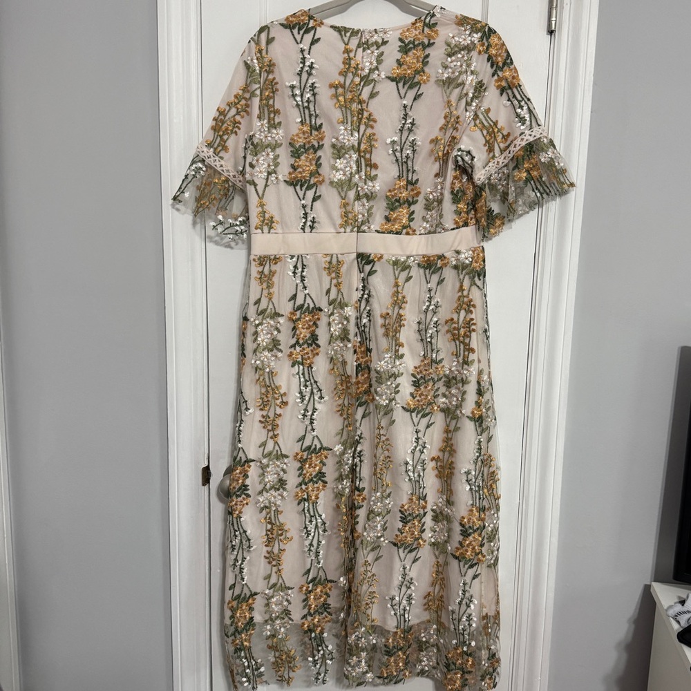 Floral Embroidered Midi Dress - Cream and Green